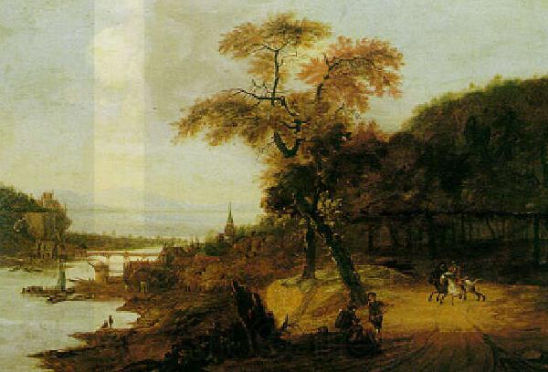 Jacob van der Does Landscape along a river with horsemen, possibly the Rhine. Germany oil painting art